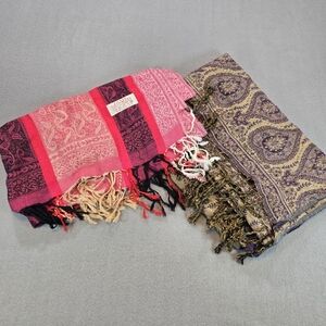 Set Of Two Cashmere Jerusalem 100% Cashmere Paisley Scarf Fringe Wrap